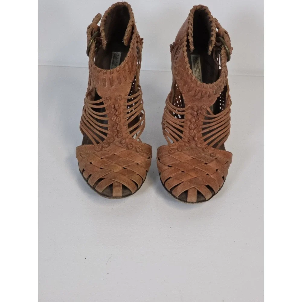 Allsaints‎ Co. Orange Leather Woven Heels Shoes Ankle Buckle 37 TAIN Distressed